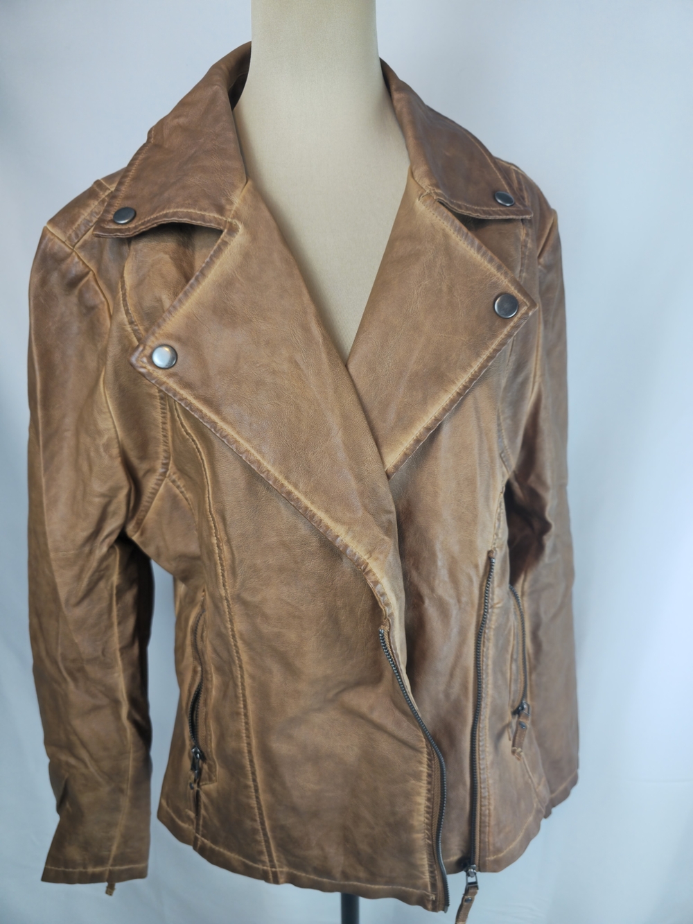 Max Studio Tan Leather Moto Jacket with Asymmetrical Zip
